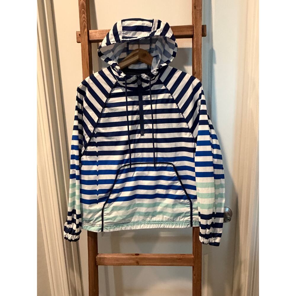 Hunter for Target Striped Rain Womens Small Blue White Hooded Anorak Windbreaker